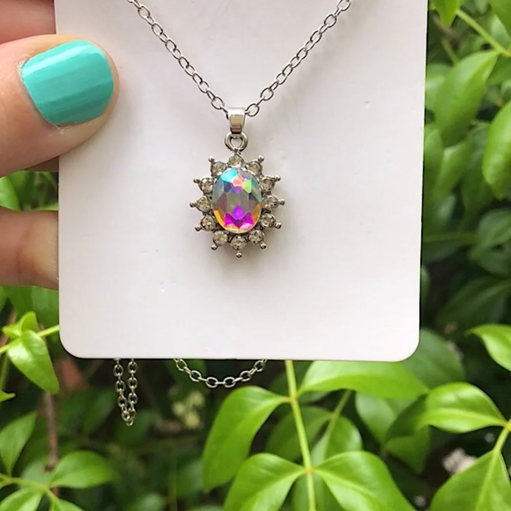 Aurora Borealis Crystal Halo Drop Necklace - Picture 1 of 9